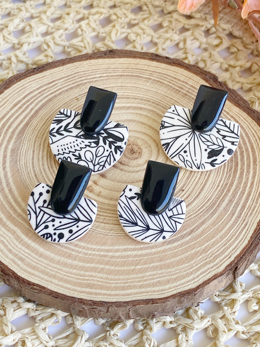 Pendientes geométricos de arcilla polimérica – Cúpula invertida Botanical beige y negro