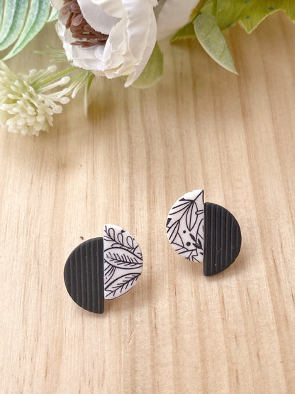 Pendientes geométricos de arcilla polimérica – Semicírculos Botanical beige y negro