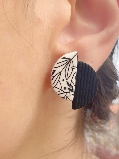 Pendientes geométricos de arcilla polimérica – Semicírculos Botanical beige y negro